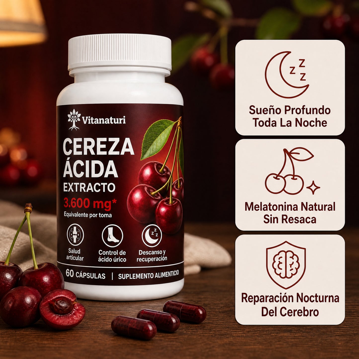 Vitanaturi® Extracto de Cereza Ácida Extraído en Frío – 3.600 mg | Sueño Profundo y Melatonina Natural