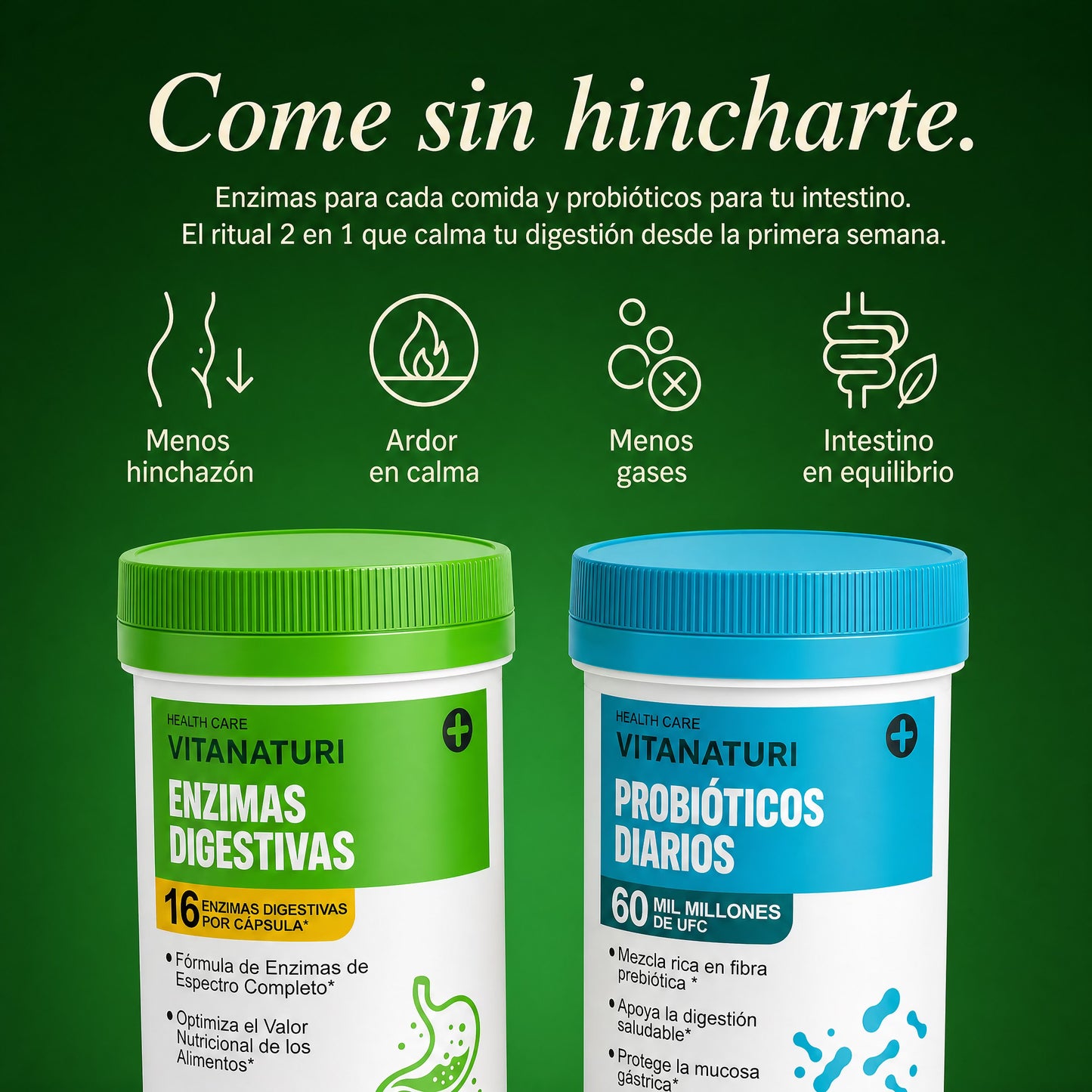 Vitanaturi® - Pack de Enzimas Digestivas + Probióticos 60 Mil Millones UFC | Menos Hinchazón y Digestión Ligera