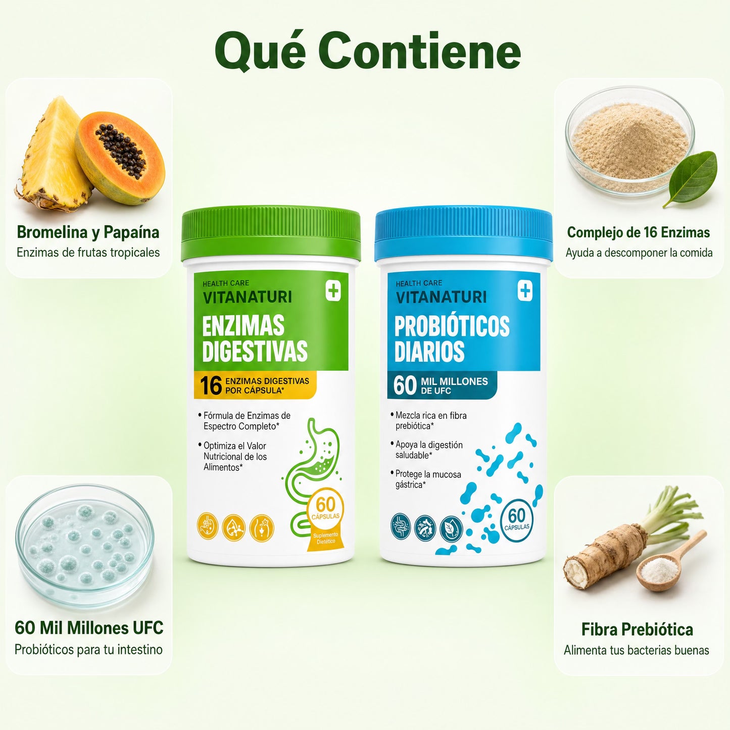 Vitanaturi® - Pack de Enzimas Digestivas + Probióticos 60 Mil Millones UFC | Menos Hinchazón y Digestión Ligera