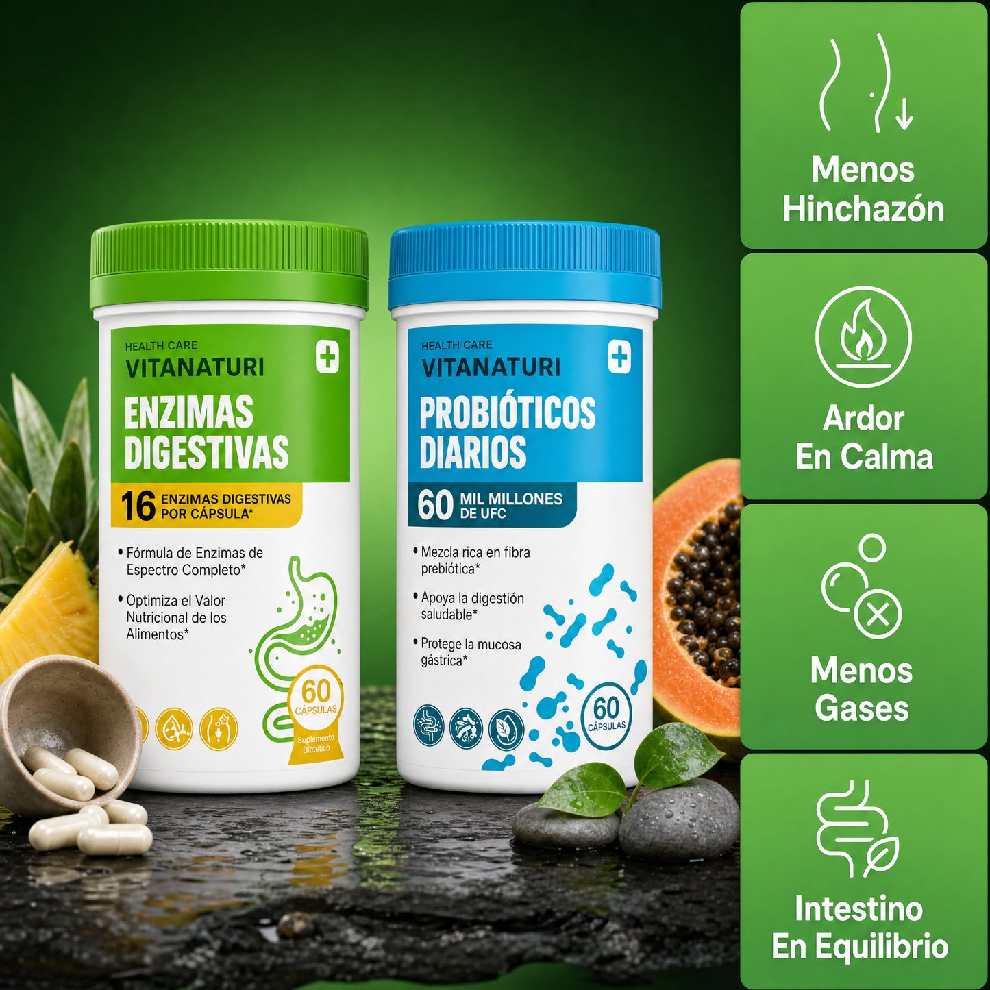 Vitanaturi® - Pack de Enzimas Digestivas + Probióticos 60 Mil Millones UFC | Menos Hinchazón y Digestión Ligera