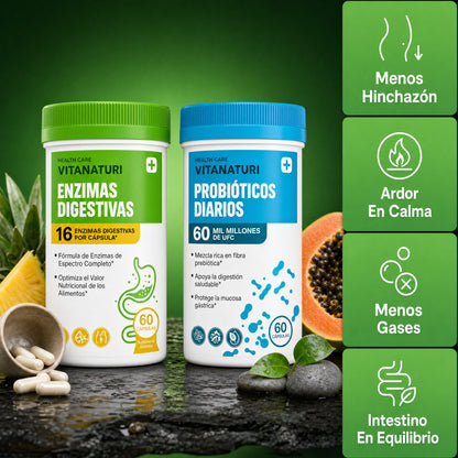 Vitanaturi® - Pack de Enzimas Digestivas + Probióticos 60 Mil Millones UFC | Menos Hinchazón y Digestión Ligera
