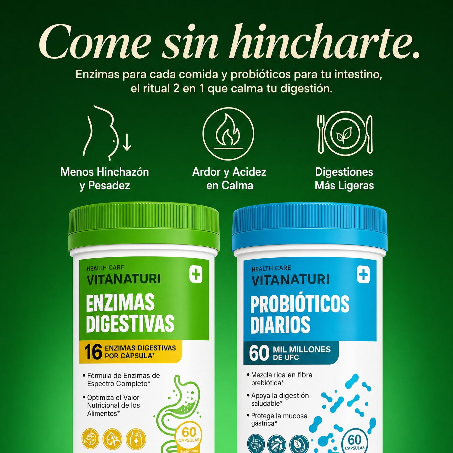 Vitanaturi® - Pack de Enzimas Digestivas + Probióticos 60 Mil Millones UFC | Menos Hinchazón y Digestión Ligera