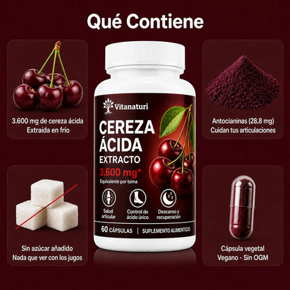 Qué contiene Vitanaturi: 3.600 mg de cereza ácida extraída en frío, 28,8 mg de antocianinas, sin azúcar añadido, cápsula vegetal
